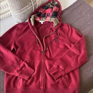 Burberry Maroon Zip Hoodie with Plaid-Lined Hood